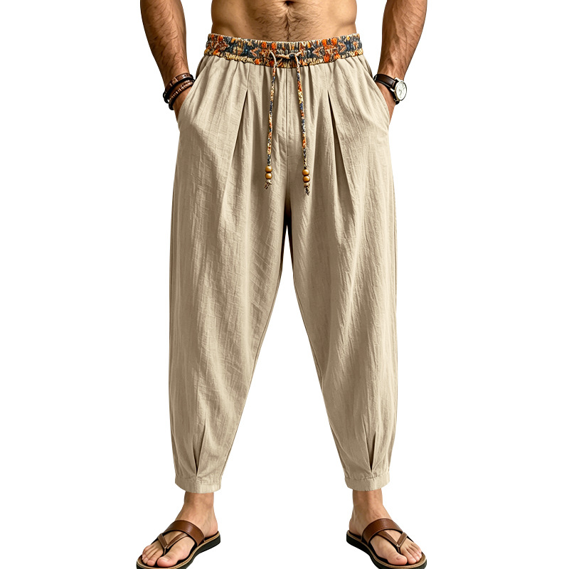 Men Shoes Joggers - Böhmische Blumenmuster-Herrenhose aus Leinen, lockere Knöchelhose
