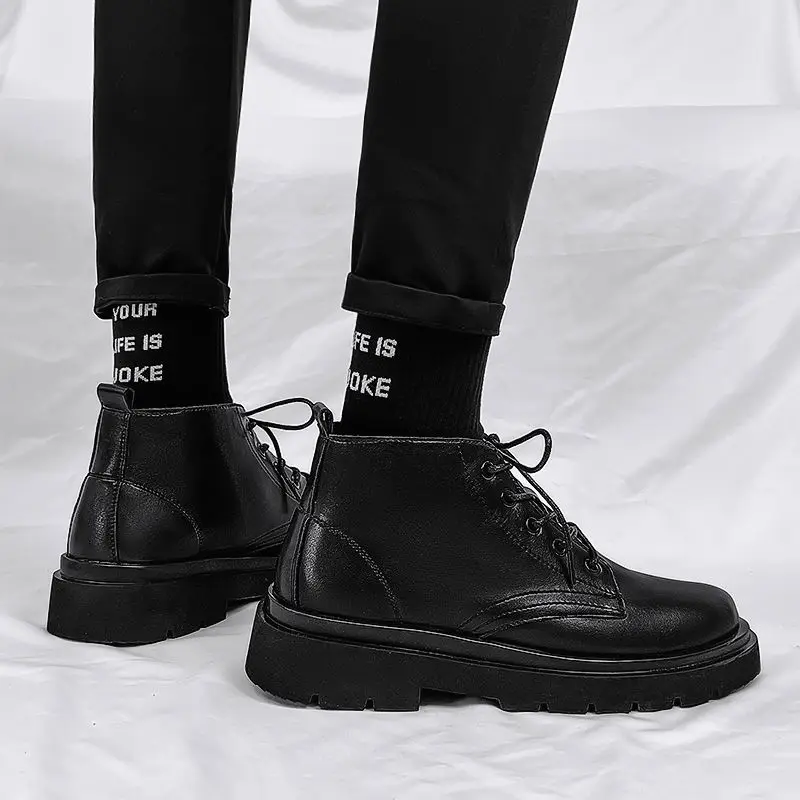 Men'S Shoes With Height Increase - Leder Schwarz Männer High Top Lace